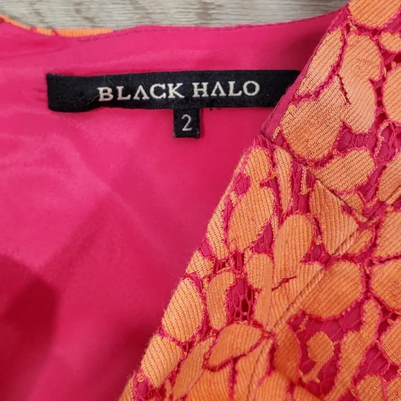 Black Halo Jackie-O Cotton Blend Raschel Lace Orange Pink Pencil Midi Dress Sz 2